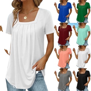 Femmes été banlieue décontracté à manches courtes t-shirts couleur unie plissé col carré T-Shirt coupe ample hauts longs différentes tailles éponge - Product Image 1