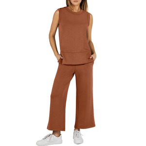 Set da donna europeo americano estivo in due pezzi nuovo stile Casual senza maniche ampio collo ampio <span class=keywords><strong>pantaloni</strong></span> <span class=keywords><strong>con</strong></span> <span class=keywords><strong>spacco</strong></span> tinta unita lungo - Product Image 3