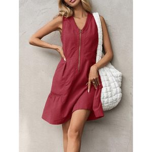 Robe d'été décontractée pour femme, sans manches, col en V, coupe ample, demi-zip, avec poches, en tissu tissé respirant - Product Image 3
