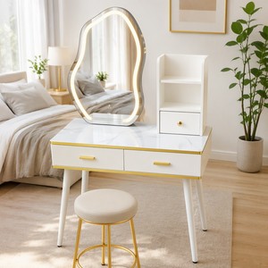 Toeletta con Specchio LED e Luci, Scrivania Trucco con Cassetti, Bianca, Moderna, per Camera da Letto e Stanza Trucco - Product Image 1