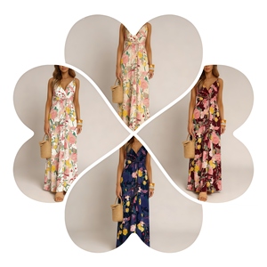 Vestido largo personalizado con estampado floral negro, cuello en V profundo, cintura con lazo, estilo bohemio para vacaciones <span class=keywords><strong>de</strong></span> verano en la playa, vestido afgano. - Product Image 3