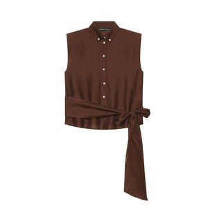 PB&ZA Donna 2026 Nuova Moda Estiva Camicette in <span class=keywords><strong>Lino</strong></span> con Fiocco Vintage Senza Maniche Marrone Camicie Femminili Chic Top - Product Image 1