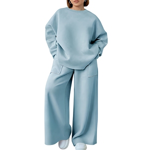 Conjunto Deportivo de Algodón Blanco para Mujer, Cuello Redondo, Manga Larga, Corte Holgado, Color Sólido, Pantalones Casuales con Bolsillos Laterales - Product Image 2