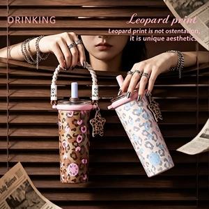 Vaso Térmico de Acero Inoxidable con Estampado de Leopardo, Taza de Viaje Aislada al Vacío con Pajita e Infusor, Recipiente Portátil para Bebidas - Product Image 1