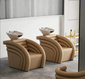 Modern Beauty Salon Equipment Pink Leather <b>Reclining</b> Washing Chair with Ceramic Basin Luxury Barbershop Head Spa Shampoo Chair - Product Image 4