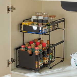 Cuisine salle de bain moderne 2 étages armoire coulissante panier <span class=keywords><strong>tiroir</strong></span> support sous évier organisateur <span class=keywords><strong>étagère</strong></span> de rangement <span class=keywords><strong>étagère</strong></span> <span class=keywords><strong>d</strong></span>'<span class=keywords><strong>angle</strong></span> - Product Image 2