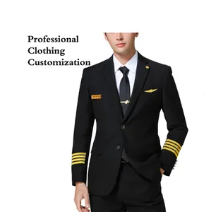 Ceket pantolon ve şapka logosu ile özel erkek Pilot kostüm yakışıklı uçak komutanı kaptan havayolu pilot üniforma