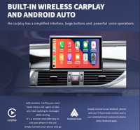 Autoradio multimédia sans fil CarPlay Android 15 avec écran tactile GPS RGB et aide au recul pour Audi A6/A7