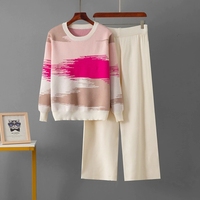 Ensemble deux pièces pour femme 2026 – Pull jacquard col rond color-block, tricot décontracté ajusté, tenue polyvalente pour femme