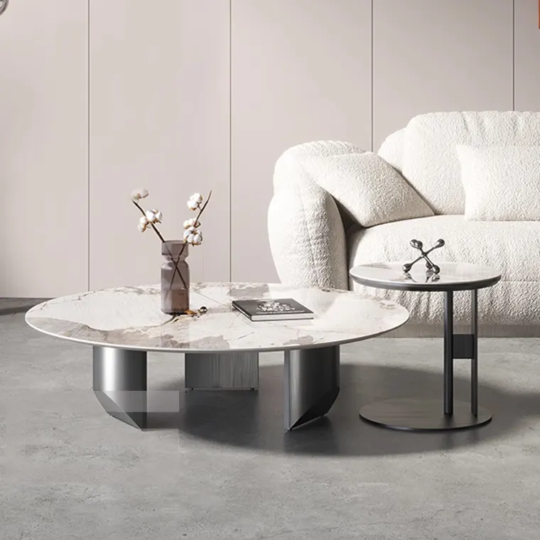 Foshan meubles moderne de luxe or Couchtisch pierre frittée thé cafés Table ensemble marbre Table basse ronde pour salon