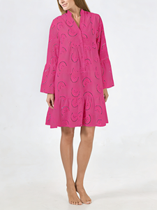 Nouvelle Robe Décontractée Ample en Coton Grande Taille Brodé à Manches Cloche et Col en V Longueur Genou - Printemps Été Automne 2026 - Product Image 3