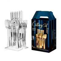 Juego de Cubiertos de Lujo de 24 Piezas con Acabado Dorado y Soporte Magnético, Cubertería de Acero Inoxidable para el Hogar, Precio de Fábrica