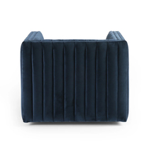 Fauteuil pivotant moderne en velours bleu marine capitonné avec base métallique pour salon, hôtel, vente en gros, OEM, personnalisé