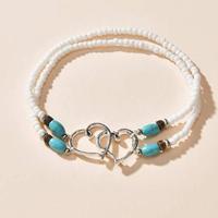 Chaîne de cheville élastique double couche en alliage avec perles double cœur et turquoise, style vacances tendance, idéale pour les couples N25910