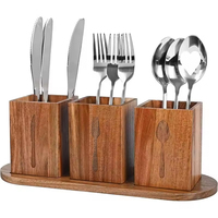 Ensemble de porte-couverts en bois avec plateau de base, support à ustensiles divisé en 3 pièces pour comptoir de cuisine, pour couteaux, fourchettes, cuillères et décoration