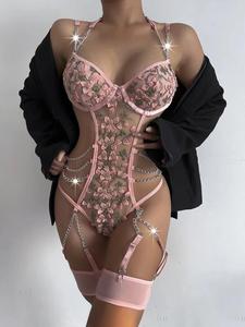 Ensemble de lingerie sexy pour femme avec broderie florale de haute qualité, dentelle brodée, <span class=keywords><strong>porte</strong></span>-jarretelles et anneaux de jambe à armatures - Product Image 6