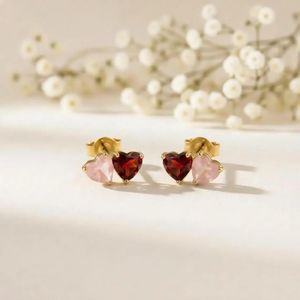 Modern Natural Garnet <b>Rose</b> <b>Quartz</b> <b>Heart</b> Shape Stud Earrings Gold Filled Design With Red Pink Gemstones Minimalist Fashion Jewel - Product Image 2
