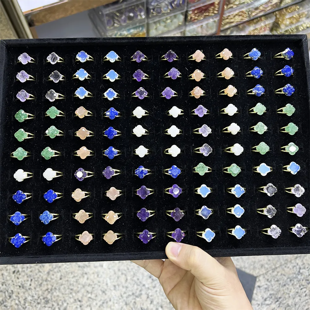 Wholesale Bulk 18K Gold Plated Jewelry Fashion Ring Clover Shape Stone Amethyst Green Fluorite Sunstone Crystal Rings For Lady