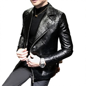 Men's Black Embossed PU Leather <b>Biker</b> <b>Jacket</b> With Zipper Turn-down Collar Slim Fit Moto Style Autumn Wear - Product Image 1
