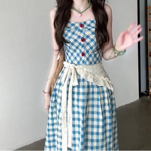 เสื้อสายเดี่ยวลายสก๊อตสไตล์ฝรั่งเศสพร้อมกระโปรงเข้าชุด ชุดลำลองผ้าออกซ์ฟอร์ดระบายอากาศได้ดีสำหรับผู้หญิง ชุดสองชิ้น - Product Image 4