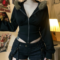 Damen Gothic Chic Streetwear Jacken Herbst Winter Goth Dunkler Kunst pelz kragen Lässig Schlanke Taille Reiß verschluss Kapuzen mäntel Kurze Länge
