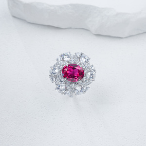 925 Sterling Silver Lab Created Ruby Oval Cut Floral Halo <b>Statement</b> <b>Ring</b> - Product Image 1