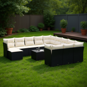 Ensemble de salon de jardin en rotin blanc crème et noir, 10 places, mobilier d'extérieur, design contemporain - Product Image 2