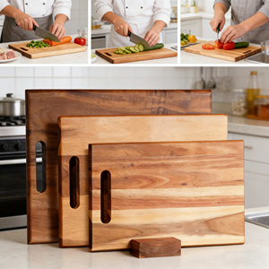 Set di 3 Taglieri in Legno di Acacia per Cucina, Set di Grandi Taglieri in Legno con Manico, Tagliere Spesso - Product Image 1