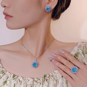 High-grade Eco-friendly Copper Wholesale Jewelry <b>Set</b> Rose Cut 14-10mm Sea Blue Cubic Zirconia Fashion Bulk Jewelry <b>Set</b> - Product Image 6