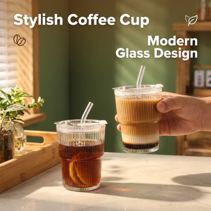 Bicchiere in Vetro Ecologico Scanalato con Coperchio e Cannuccia, Moderno e Semplice per Uso Domestico, Tazza per <span class=keywords><strong>Caffè</strong></span> Freddo e Tè al Latte - Product Image 2