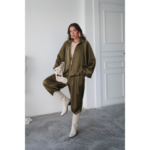 Pantalon Harem en Satin Kaki pour Femme, Coupe Ample, Confortable, Taille Haute, Jambe Large, Tenue Décontractée - Product Image 4