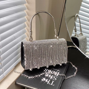 Tassel Shiny Metal <b>Small</b> Square Cover Closure Gold Mobile Phone Rhinestone Chain PU Crossbody <b>Bag</b> for Women Daily Use Tanjing - Product Image 2