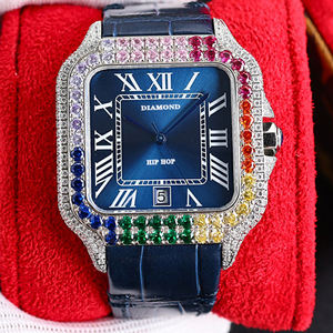 Toptan büstü buzlu otomatik mekanik paslanmaz çelik kasa ETA hareketi 100 Bar suya dayanıklı deri kayış elmas izle - Product Image 1