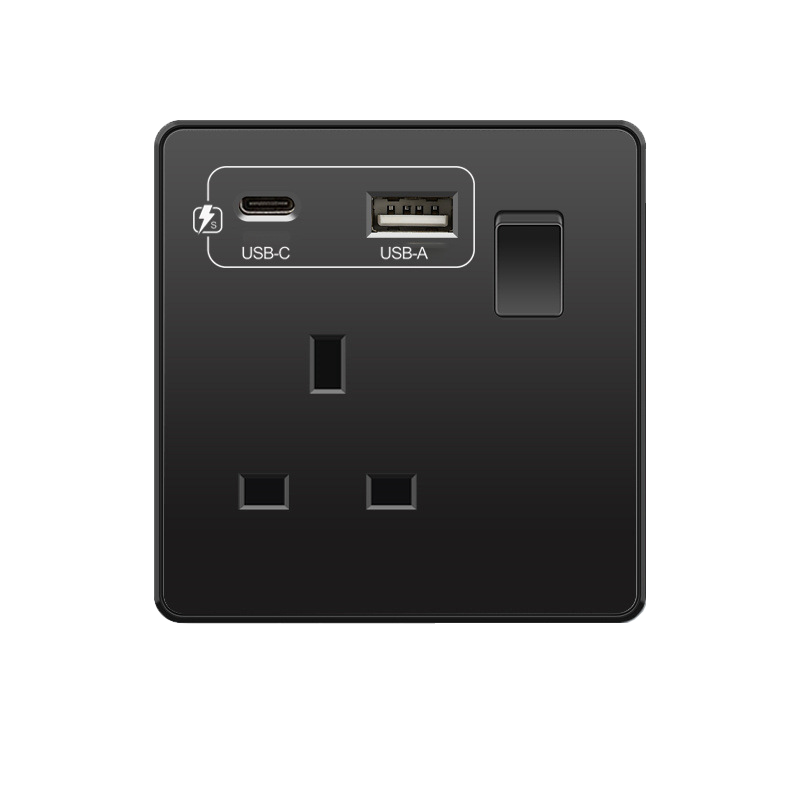 Prise britannique remplacée par une prise avec ports USB-A et USB-C (charge rapide)