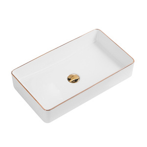 Ceramic Countertop <b>Basin</b> Single Hole Gold Rim <b>Round</b> Durable For Small Apartments - Product Image 3
