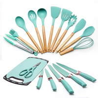 19pcs Peralatan Dapur Ustensiles De Cuisine Grosir Set Peralatan Masak Silikon dengan Gagang Kayu