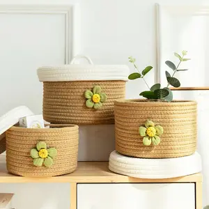 Wholesale New Cute Floret Cotton Rope Woven Desktop Sundries Basket Household Snacks Storage Basket