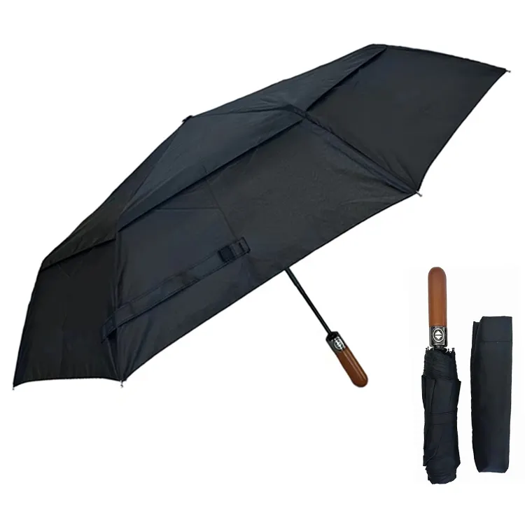 YS-3084 Hochwertiger Geschenk faltbarer Regenschirm Holzgriff benutzerdefiniertes Logo Drucke winddicht belüftet Schichten 3 faltbarer Regenschirm für Herren