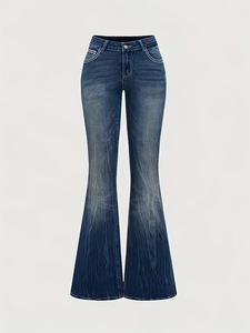 Fashion Women Flare Denim Pants Embroidery Back Pockets Rhinestone Decor All Season Ladies Long <b>Jeans</b> - Product Image 2