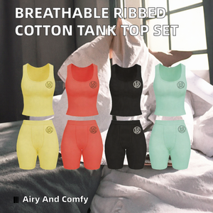 Solid Ribbed <b>Knitting</b> Fabric Tank Top Cotton Spandex Breathable Loungewear Women <b>Sets</b> Above Knee Summer Skinny Short Custom Logo - Product Image 2
