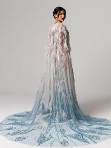 Vestido de Noche Personalizado <span class=keywords><strong>LIAN</strong></span> D10, Vestido de Gala con Capa Azul Pluma, Estilo Árabe Dubai, Cristal, Manga Larga, Vestido de Fiesta para Alfombra Roja, Encaje Natural - Product Image 4