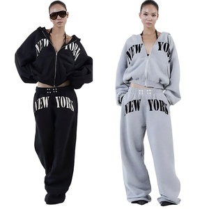 Conjunto de chándal de punto personalizado para invierno, precio de fábrica, sudadera con capucha extragrande con cremallera, pantalones de pierna recta, informal para <span class=keywords><strong>mujer</strong></span>, ecológico y holgado. - Product Image 2