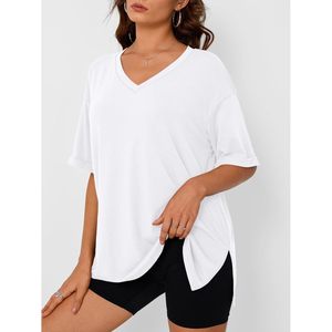 Túnica extragrande con cuello en V, tejido transpirable, corte holgado, dobladillo asimétrico para mujer, ropa informal para hacer ejercicio - Product Image 4