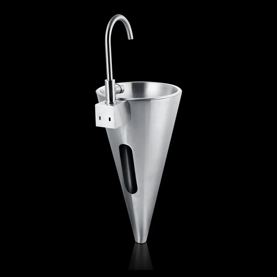 Cone de aço inoxidável com design criativo, forma de cone para lavar as mãos, preço da pia do banheiro