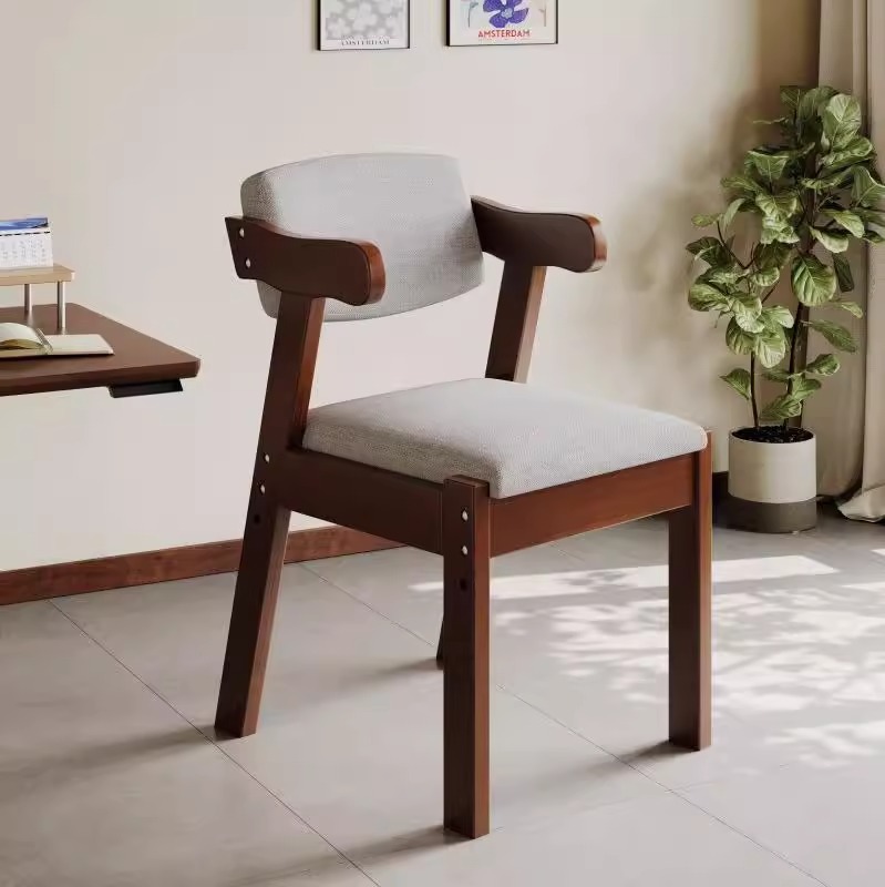 Walnut-colored solid wood + light gray fabric upholstery
