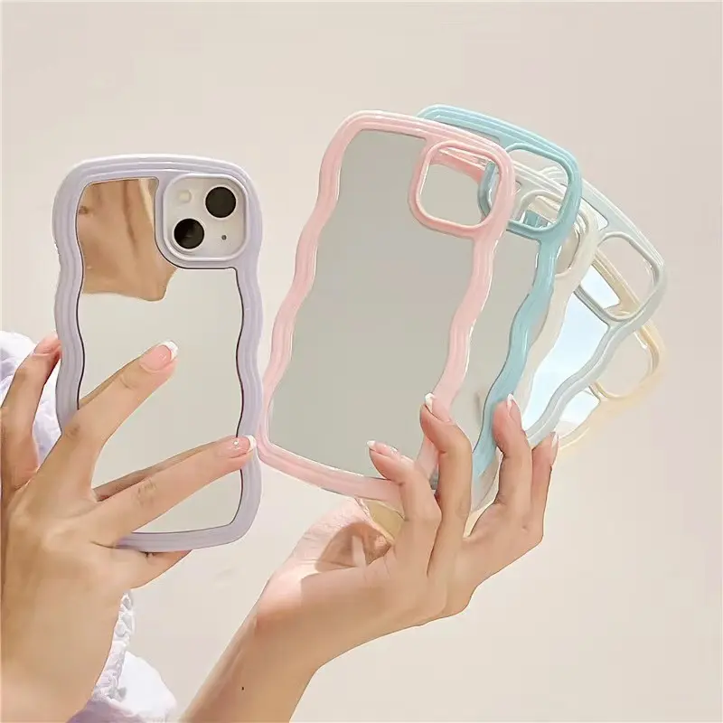 TPU PC 2 en 1 Wave Frame Bumper Espejo de maquillaje a prueba de golpes Funda de teléfono para iPhone 14promax 13Pro 12 11 Mujeres Niñas Contraportada