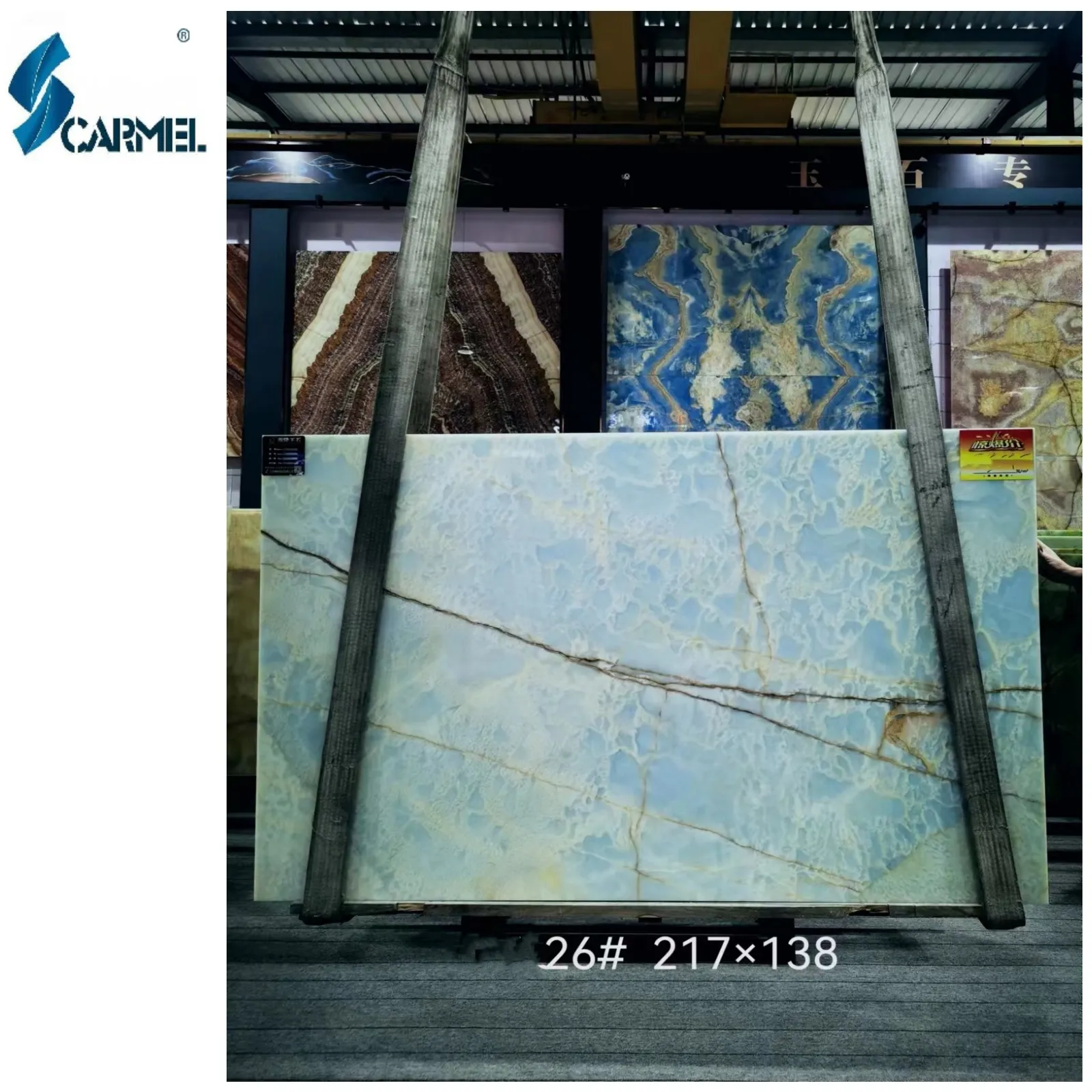 Sky Blue Marmor Onyx Book Match Panel de pared de ónix translúcido Revestimiento Decoración Venas doradas Mármol para pared