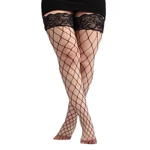 Hollowed out plus size fishnet thigh high stockings mature women nylon silk pantyhose mesh stockings for women