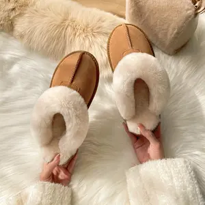 2024 Custom Vrouwen Mode Dikke Zool Platform Warme Harige Slipper Donzige Wollen Schapenvacht Slippers