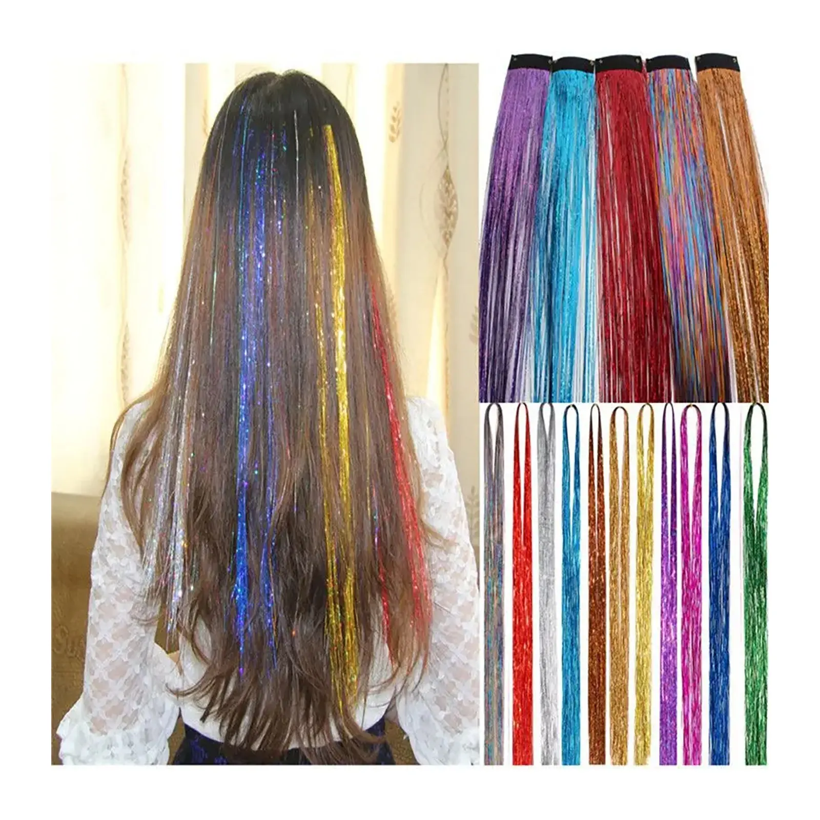 Oropel de pelo multicolor de 48 pulgadas, extensiones de oropel de pelo brillante, extensiones de brillo de fiesta de colores, postizos destacados